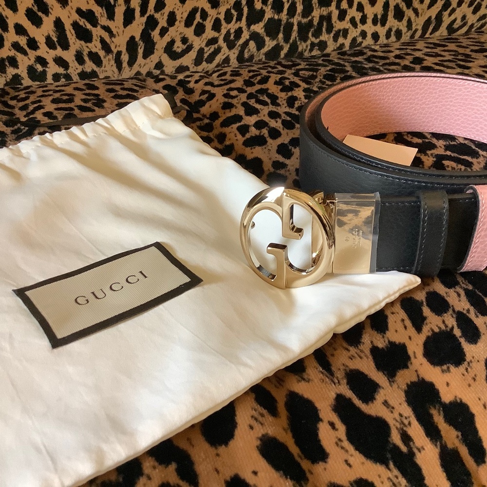 Auth New Reversible Black Pink Leather GUCCI Belt